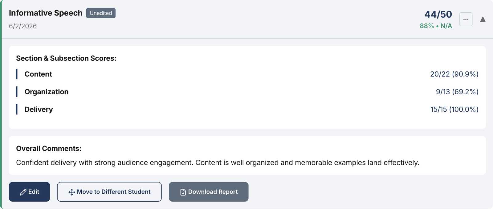 SpeechGradebook instructor evaluation review showing rubric scores and feedback